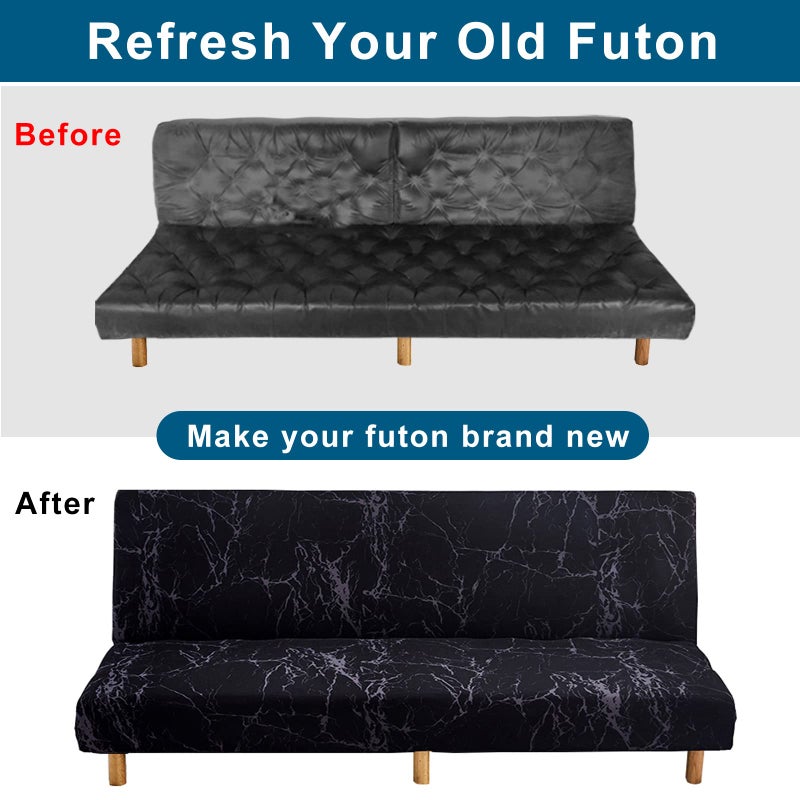 WOMACO Printed Futon Cover Stretch Sofa Bed Slipcovers Full Twin Queen Size Armless Couch Loveseat Protector Covers with Elastic Bottom for Living Room Bedroom Furniture (Black Marble, 63"-75") - Image 5
